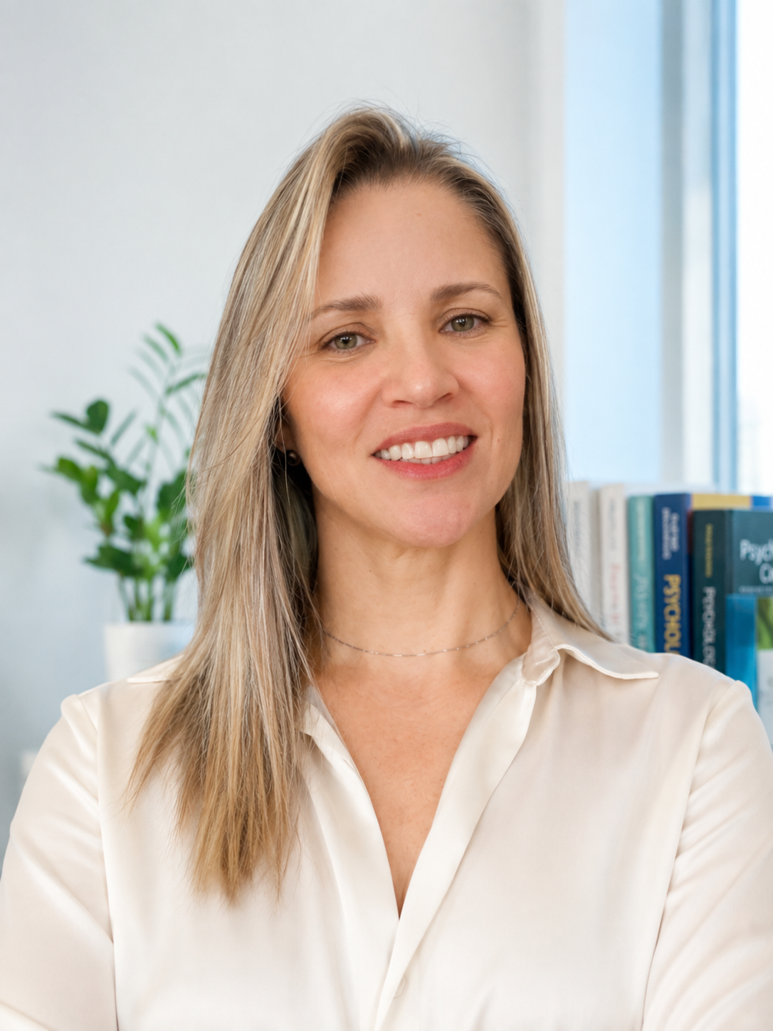 Luciana Mota, psicóloga clínica, sorrindo em seu consultório